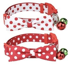 Dog Christmas Collars Bells & Bowtie, Red & White Polka Dots, 2 Pck 10"-16" NEW!